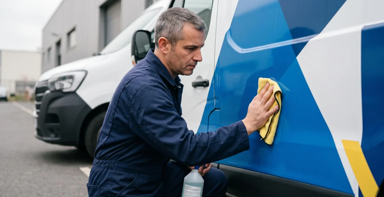 Applicateur professionnel en bleu de travail nettoyant au chiffon microfibre jaune la portière d'un utilitaire avec covering partiel bleu et blanc, bidon de nettoyant pH neutre au sol, parking extérieur, lumière naturelle diffuse