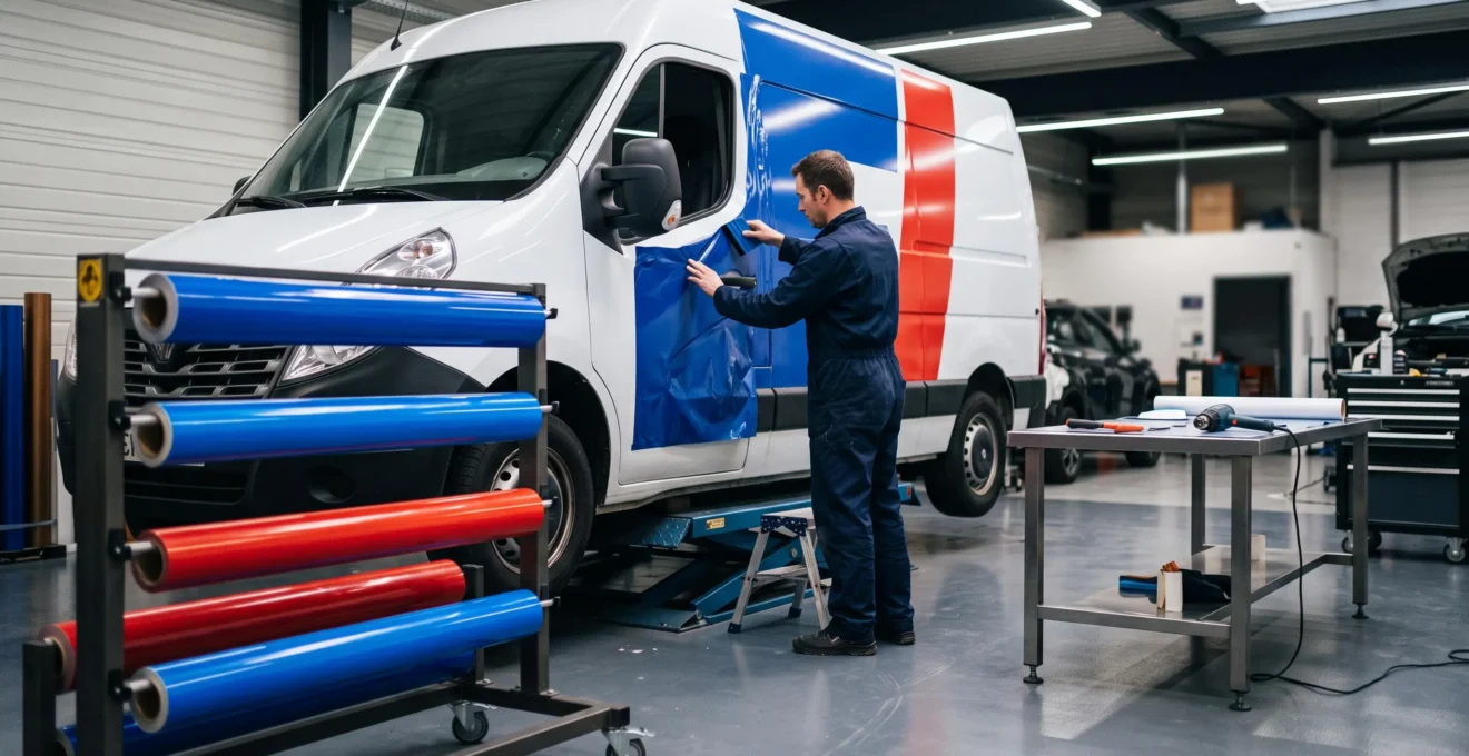 Applicateur professionnel appliquant du vinyle adhésif imprimé sur la portière latérale d'un utilitaire blanc dans un atelier de covering parisien, rouleaux de vinyle coulé colorés au premier plan, éclairage industriel