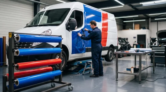 Applicateur professionnel appliquant du vinyle adhésif imprimé sur la portière latérale d'un utilitaire blanc dans un atelier de covering parisien, rouleaux de vinyle coulé colorés au premier plan, éclairage industriel