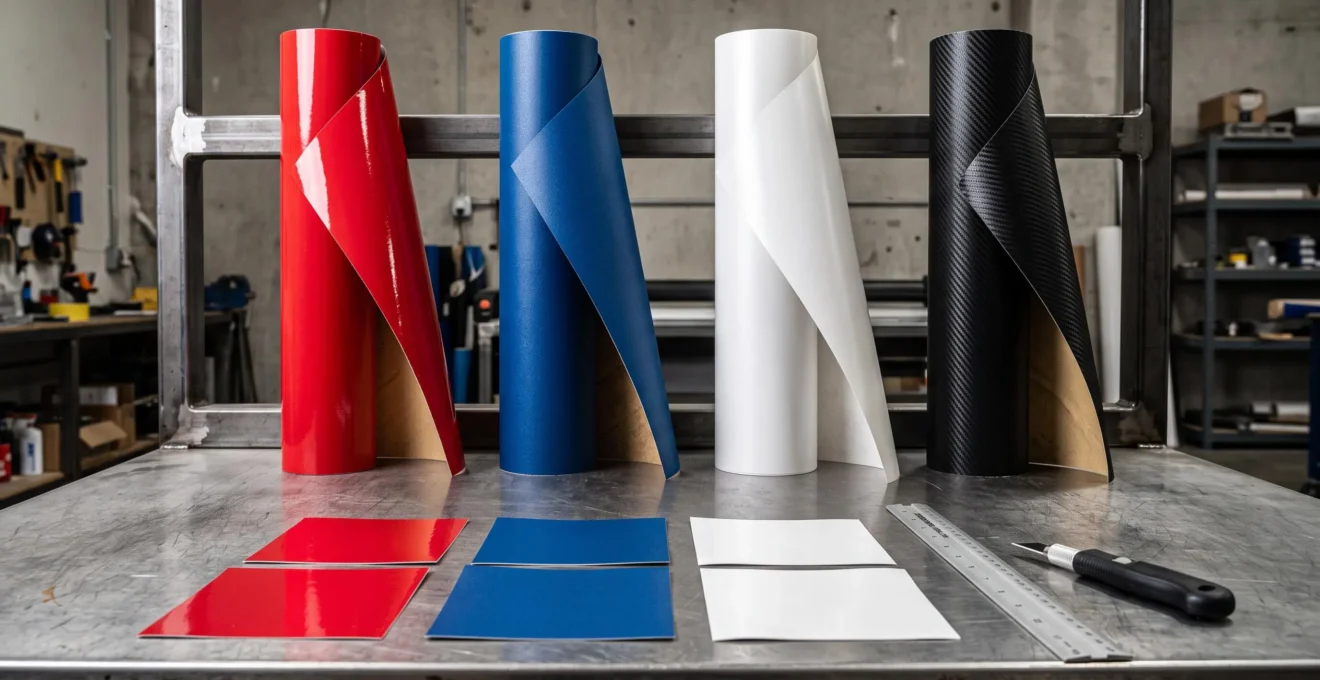 Quatre rouleaux de vinyle adhésif professionnel (rouge brillant, bleu mat, blanc satiné) sur rack métallique d'atelier, échantillons de finitions au premier plan, éclairage latéral révélant textures, surface inox