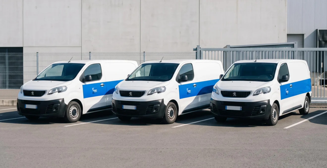 Trois utilitaires blancs identiques alignés en parallèle sur un parking d'entreprise, chacun portant le même habillage covering partiel avec bande latérale bleue professionnelle, lumière naturelle, fond industriel neutre